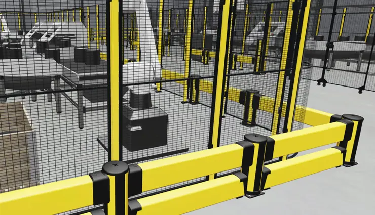 Gedetailleerd beeld in de digitale showroom Axelent Xperience, waarin te zien is hoe de X-Guard-gaaspanelen en X-Protect-impactbescherming van Axelent geautomatiseerde robots beveiligen