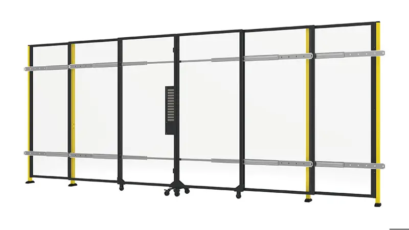 sliding door for machine guarding, without rail and with plastic panels